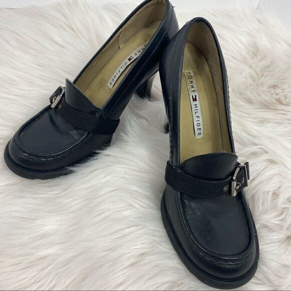 Tommy Hilfiger Black Leather Buckle Heels - Picture 1 of 9